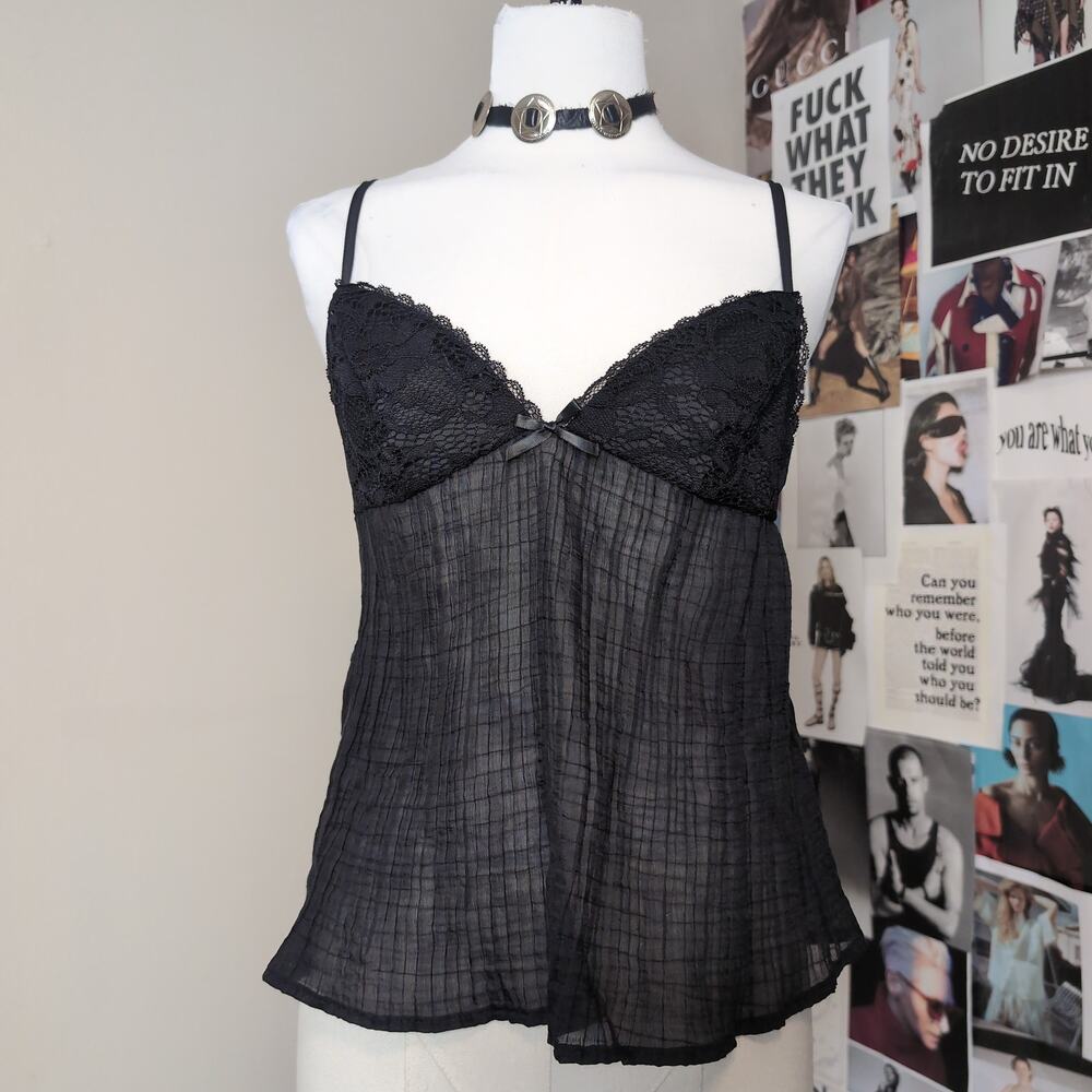 Black Lace Trim Pleated Babydoll Cami Top